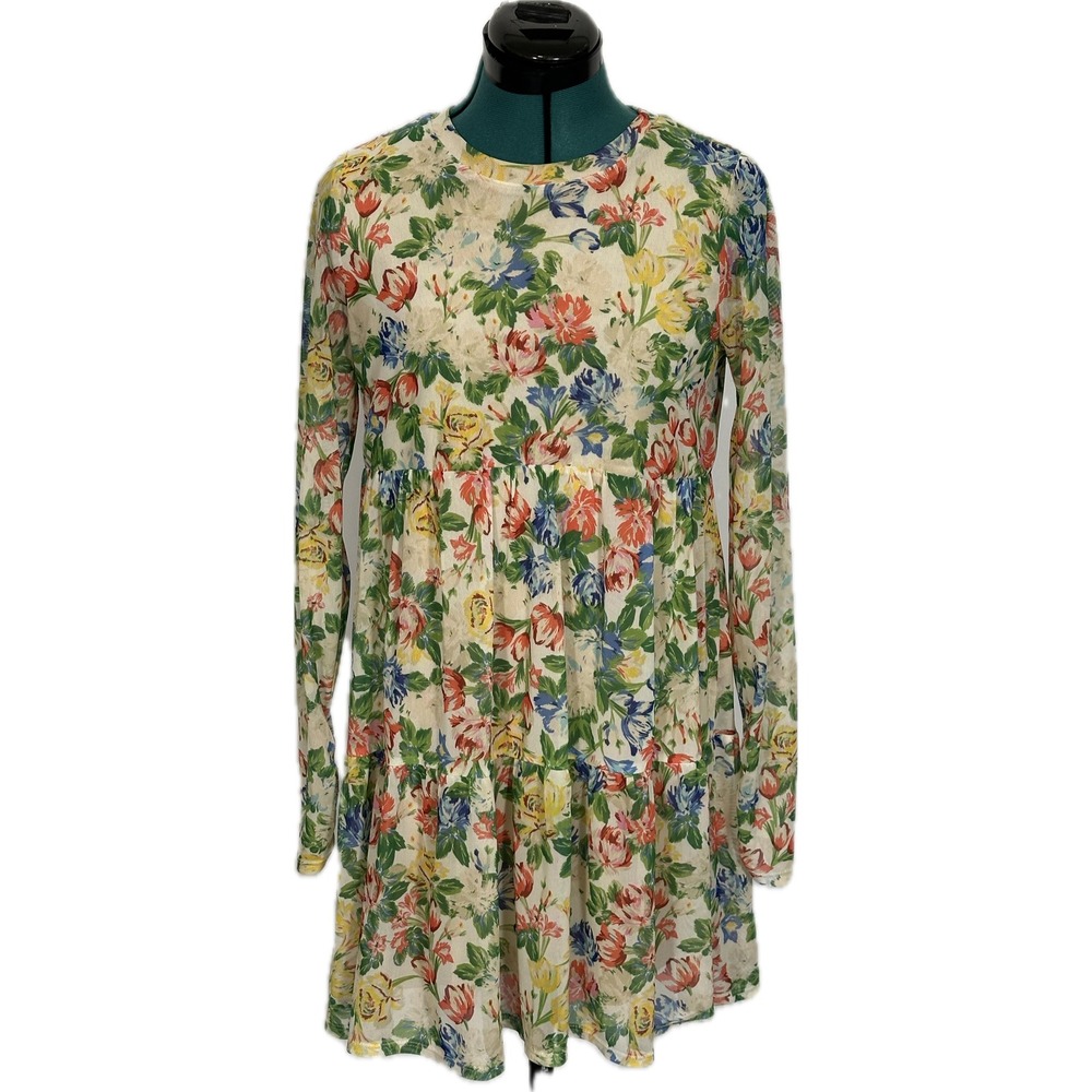 AFRM Floral Mesh Tiered Mini Dress Size M Cream Multicolor Long Sleeve Boho